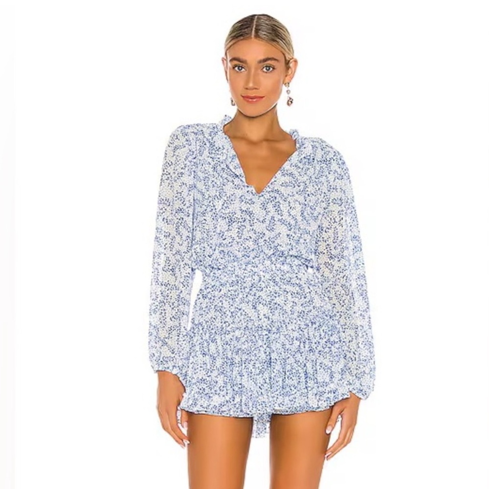 Misa Lorena Blue Floral Long Sleeve Tiered Mini Dress